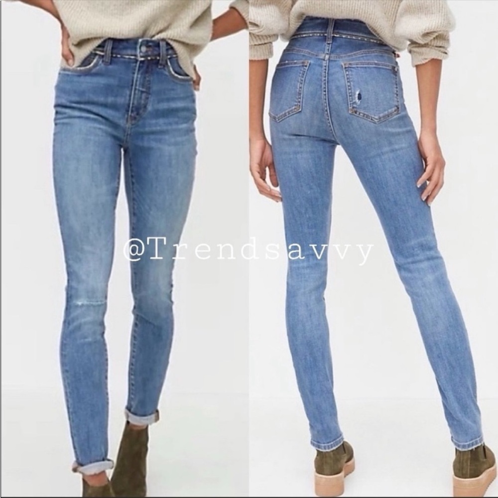 ANTHROPOLOGIE Pilcro High Rise Distressed Skinny Jeans Leopard Trim 32 Tall NWT